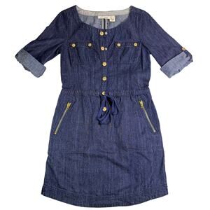 DKNY Womens Shirt Dress Blue Pockets Scoop Neck 3/4 Sleeve Zipper Denim Solid S